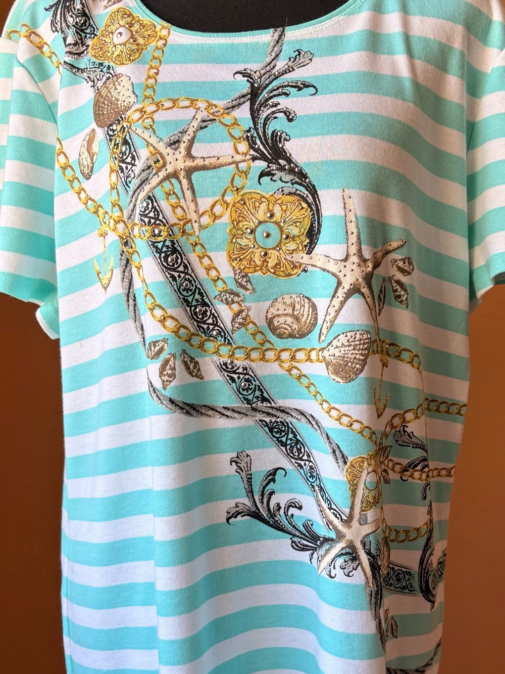 Karen Scott Green & White Stripe Shirt with Beach Graphics Size XL